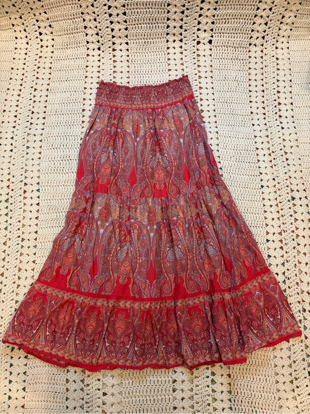 Okay Check Boho Red Paisley Smocked Waist Tiered Maxi Skirt - EU/IT 42 US Medium